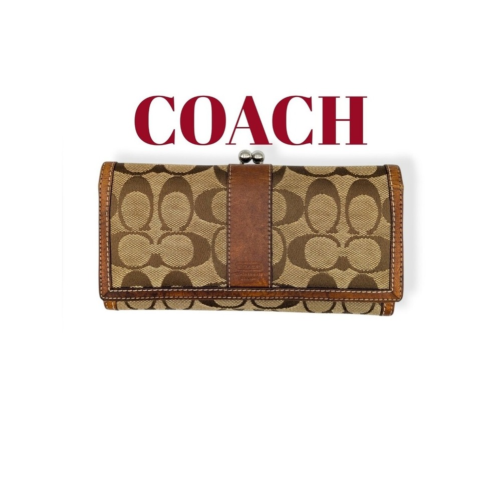 Coach Vintage Signature Kisslock  Wallet Khaki Canvas Brown Leather Leatherware